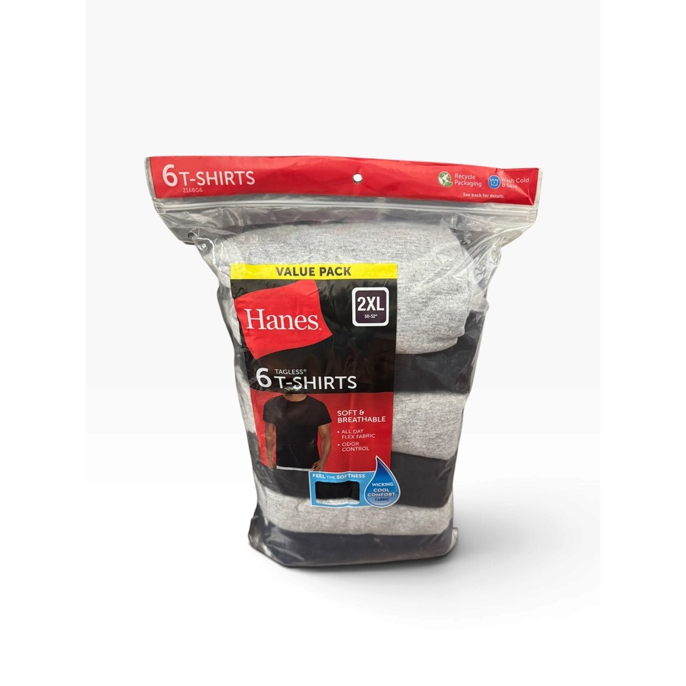 Hanes Men 6-Pack Tagless T-Shirts 2XL Black Grey Heather Crew Neck NEW